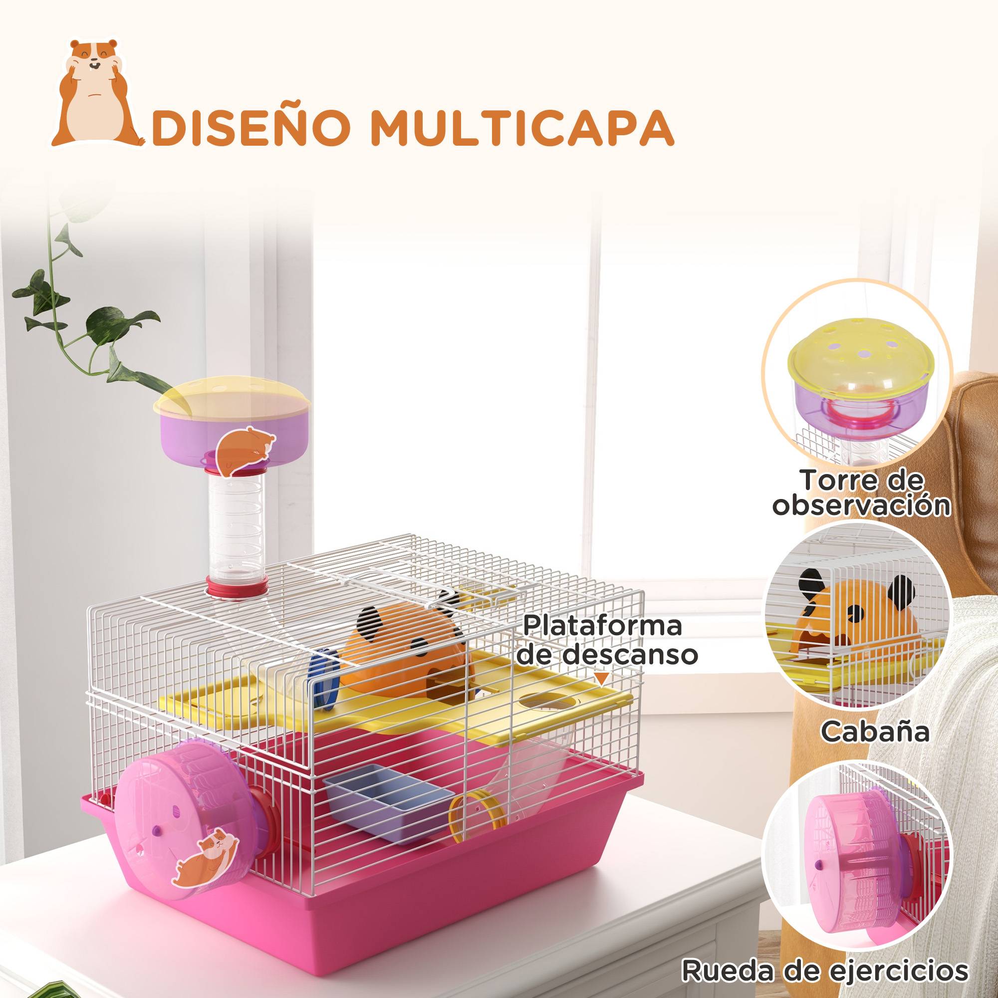 Cage pour hamster avec gamelle d'eau, roue d'exercice, tour d'observation et maisonnette 34x27x25 cm Rose - Image 7