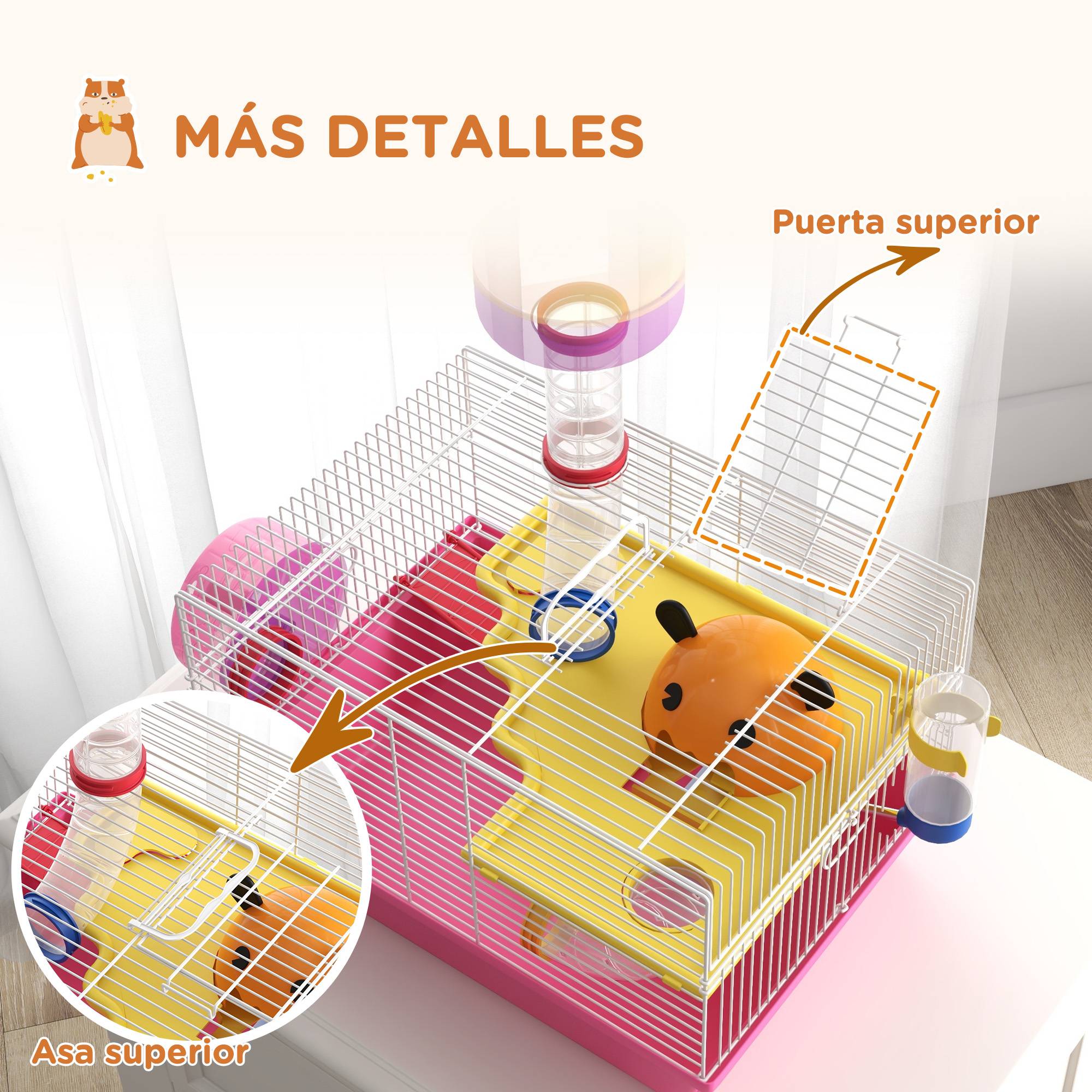 Cage pour hamster avec gamelle d'eau, roue d'exercice, tour d'observation et maisonnette 34x27x25 cm Rose - Image 10