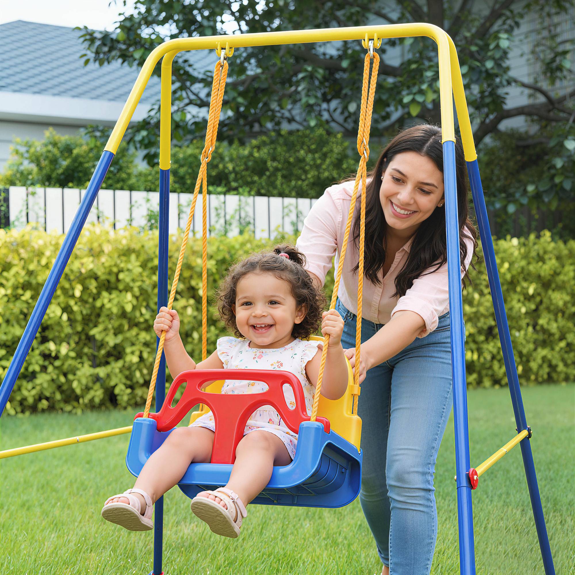 Balançoire jardin enfant réglable avec dossier et barre de protection, acier et PP, 128×155×157 cm, bleue, résistante et sécurisée - Image 9