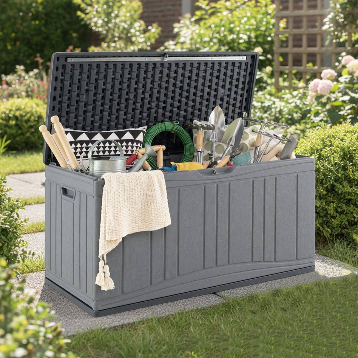 Coffre de Rangement pour Patio Boîte de Rangement 300L HDPE avec Vérins à Gaz Gris - Image 2