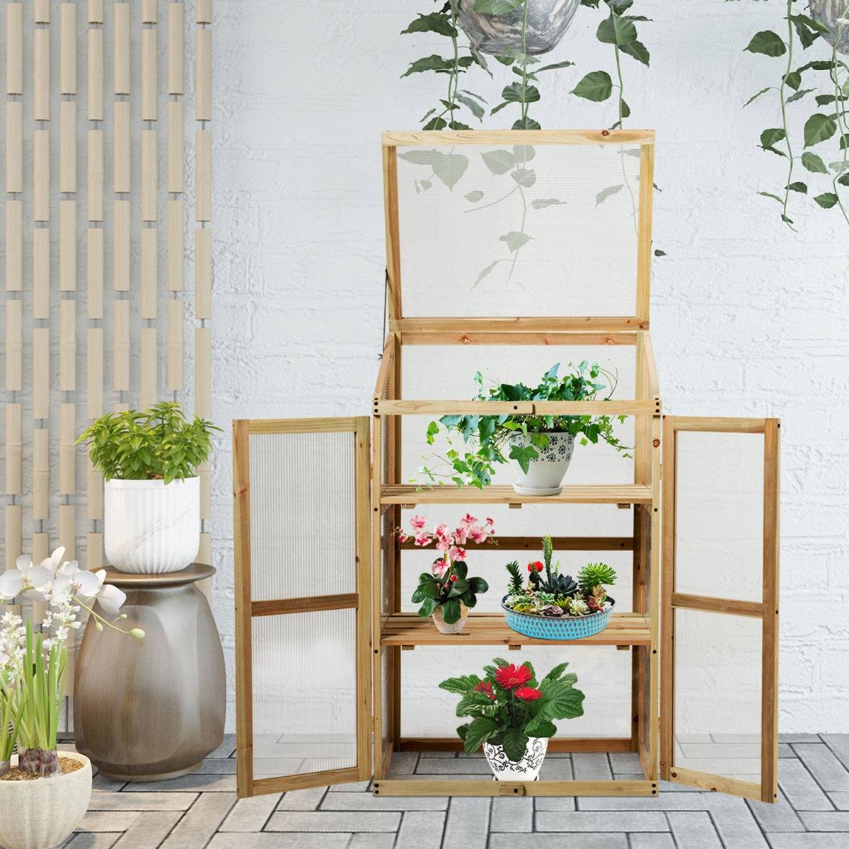 Mini Serre de Jardin 0.27m² 60x45x100cm Vitrages Transparents en Polycarbonate avec Etagères à 3 Niveaux Nature F173R MAISON CHIC - Image 2