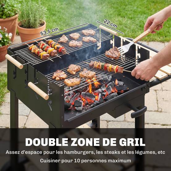 Chariot à barbecue de bois avec 2 grilles réglables, barbecue au charbon de bois sur roulettes, tablette latérale, noir - Image 6