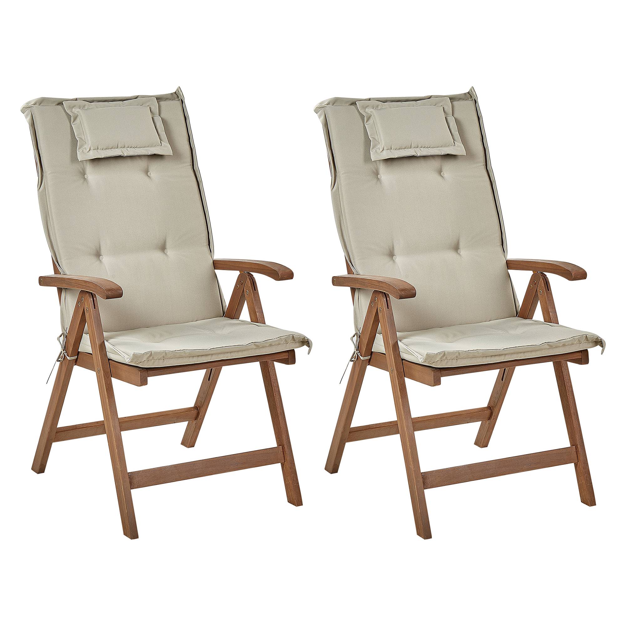 Beliani - Chaises de Jardin Pliables et Inclinables Accoudoirs en Bois d'Acacia Foncé avec Coussin Taupe Style Rustique Lot de 2 - Imagen 1