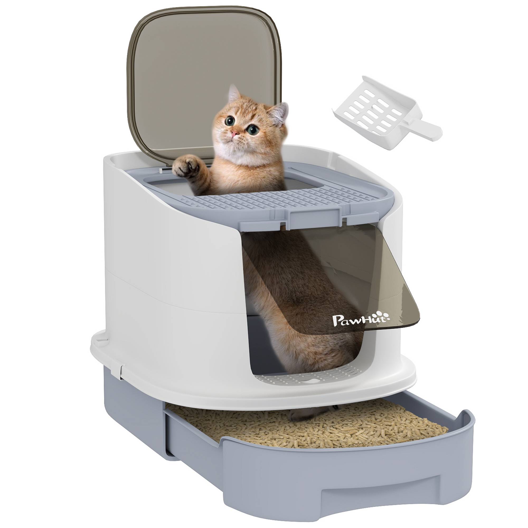 bac à litière chat porte fermée translucide pelle 40,5x52,5x42,5 cm gris toilette fermée hygiénique