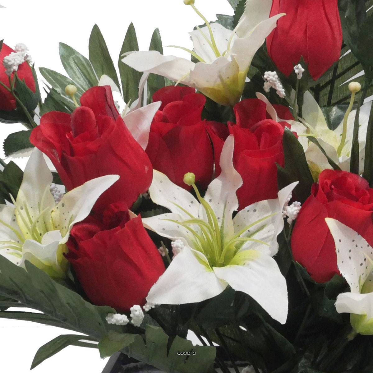 Artificielles - Devant de tombe de Rose et Lys tigré Rouge artificiels pour la Toussaint - couleur: Rouge - Imagen 3