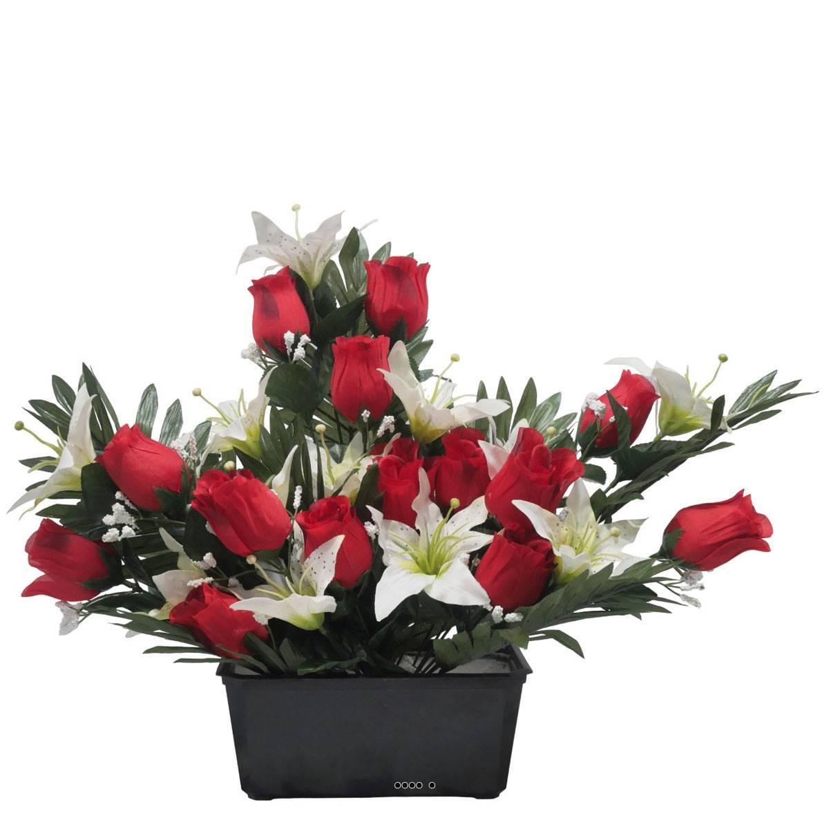 Artificielles - Devant de tombe de Rose et Lys tigré Rouge artificiels pour la Toussaint - couleur: Rouge - Imagen 2