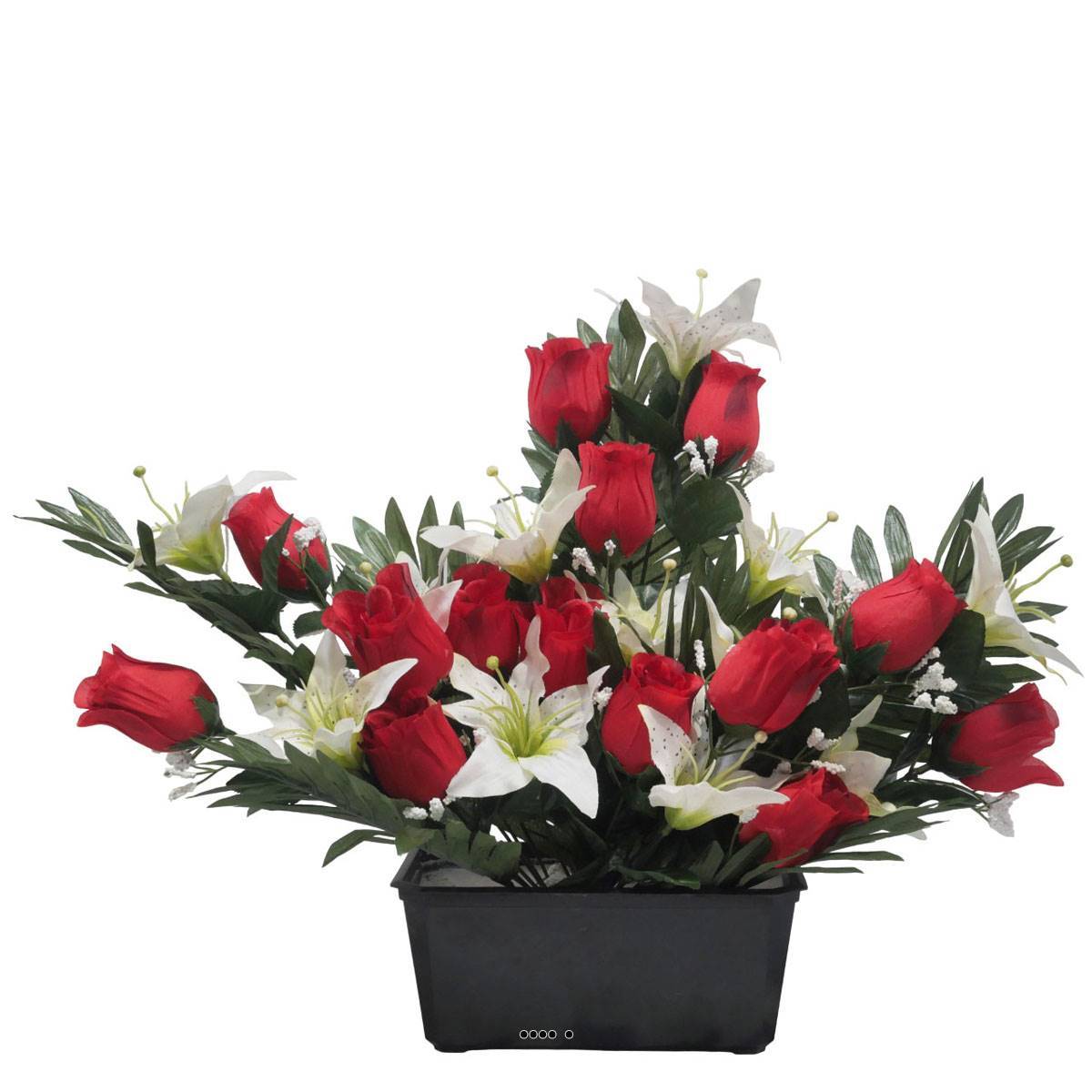 Artificielles - Devant de tombe de Rose et Lys tigré Rouge artificiels pour la Toussaint - couleur: Rouge - Imagen 1