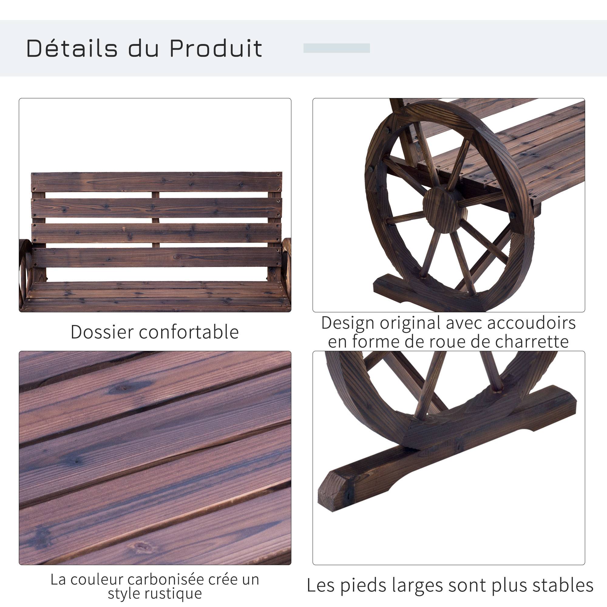 Outsunny - Banc de jardin 3 places style rustique chic accoudoirs roues charette bois sapin traité carbonisation - Outsunny - Image 6