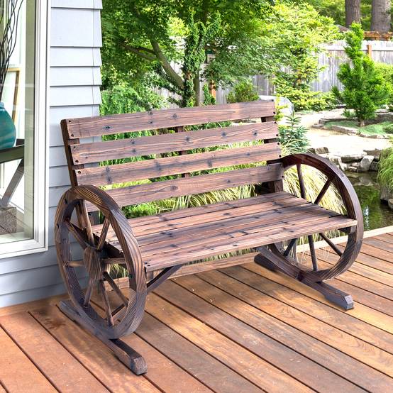 Outsunny - Banc de jardin 3 places style rustique chic accoudoirs roues charette bois sapin traité carbonisation - Outsunny - Image 2