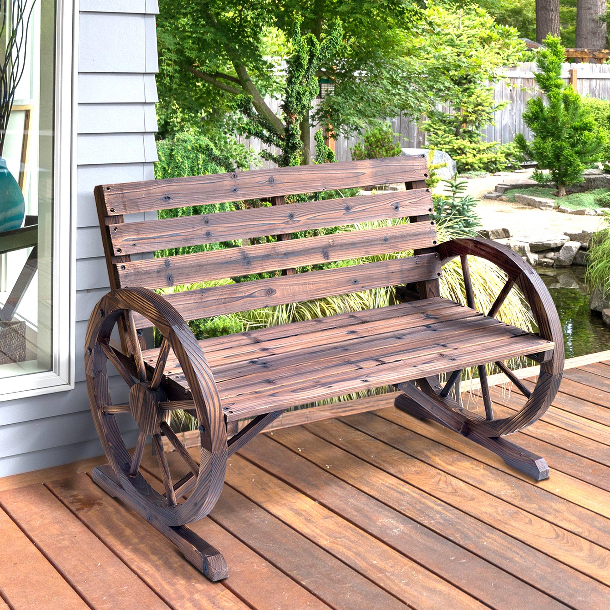 Outsunny - Banc de jardin 3 places style rustique chic accoudoirs roues charette bois sapin traité carbonisation - Outsunny - Image 2