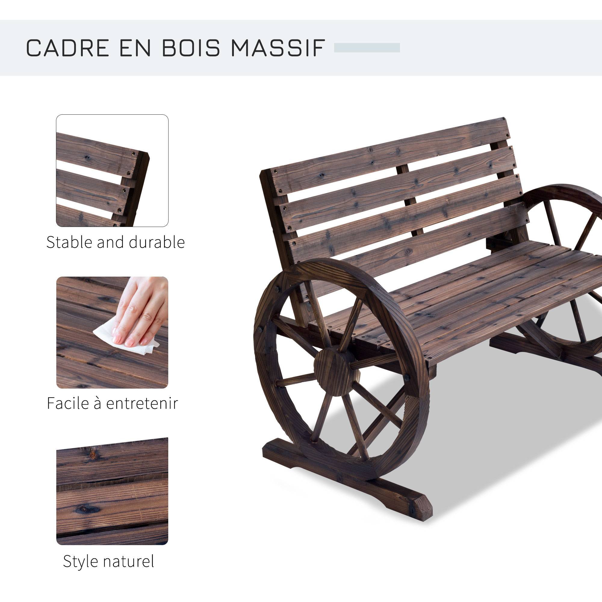 Outsunny - Banc de jardin 3 places style rustique chic accoudoirs roues charette bois sapin traité carbonisation - Outsunny - Image 5