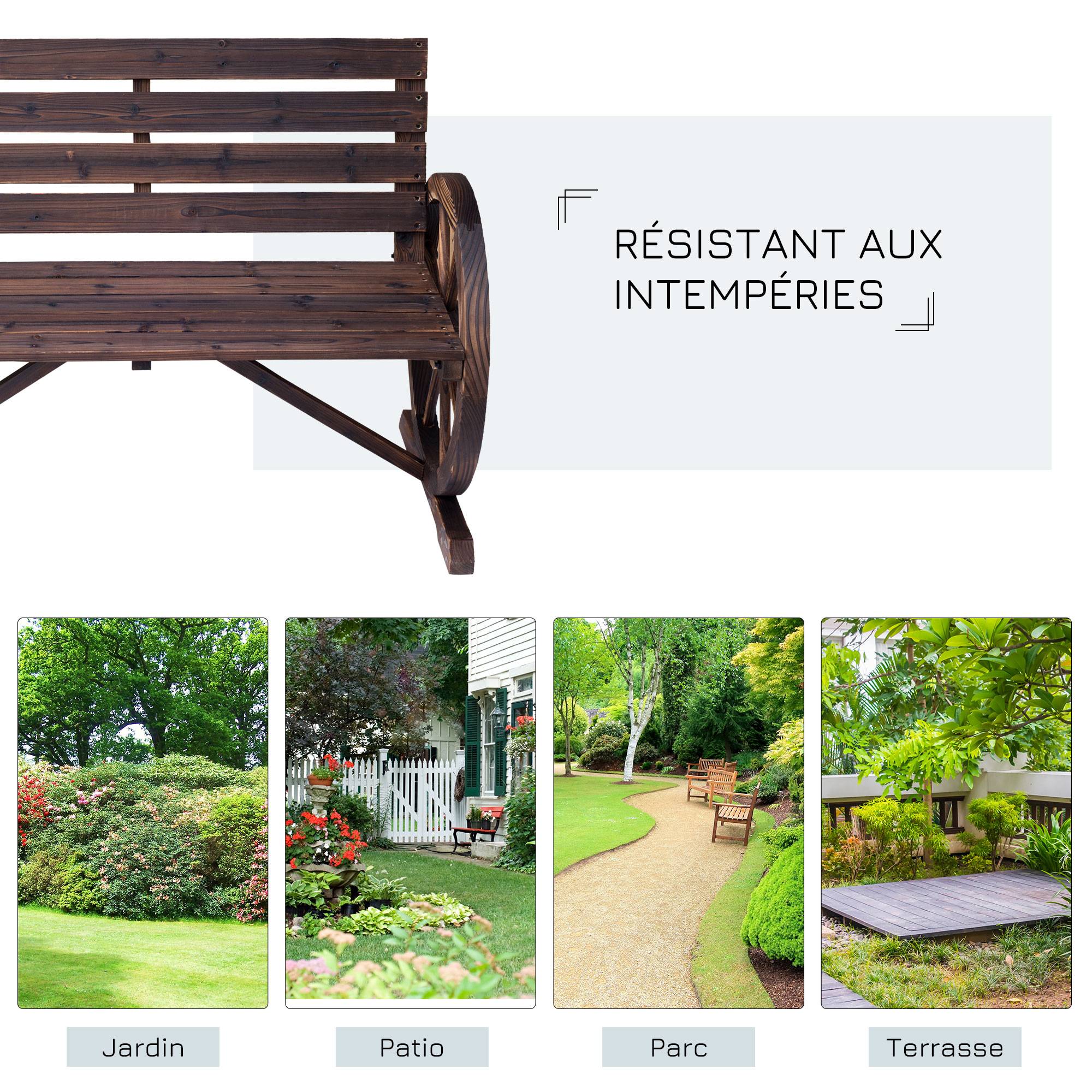 Outsunny - Banc de jardin 3 places style rustique chic accoudoirs roues charette bois sapin traité carbonisation - Outsunny - Image 7
