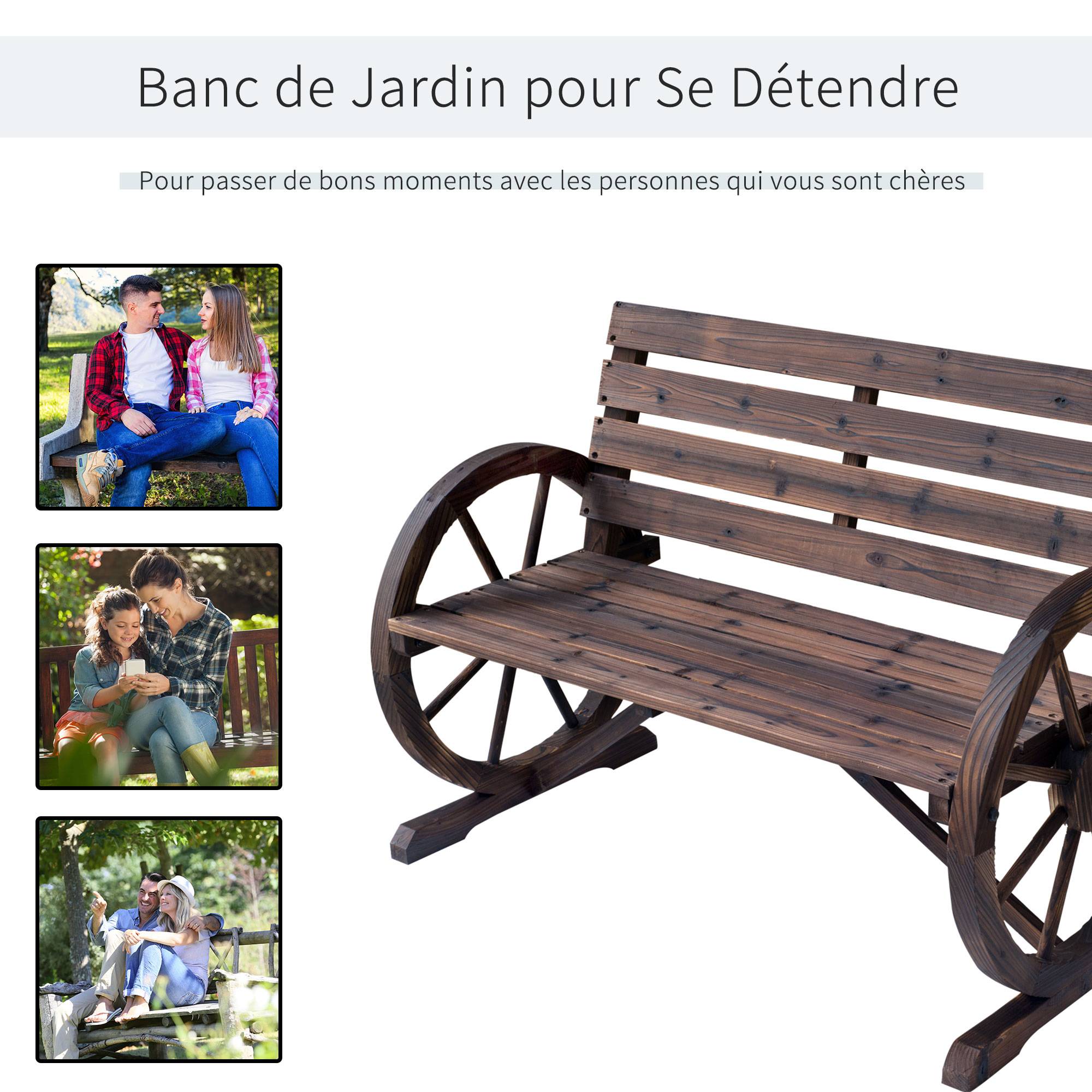 Outsunny - Banc de jardin 3 places style rustique chic accoudoirs roues charette bois sapin traité carbonisation - Outsunny - Image 4