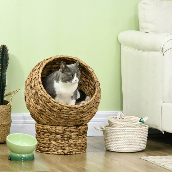 Panier chat en jacinthe d'eau, niche grotte avec coussin, 40x37x51 cm, marron - Image 3