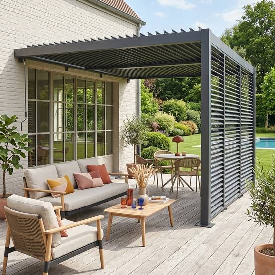 sweeek - Pergola bioclimatique aluminium adossée 4x3m anthracite + 3 persiennes 130cm lames orientables Palace | sweeek - Image 1