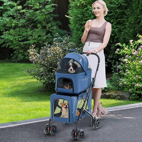 Double Couche Poussette Chien Chat, Poussette 3-en-1 Pliable pour 2 Animaux, Ceinture de Sécurité, Oxford Respirant (Bleu,Style 10) - Image 2