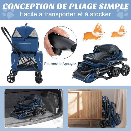 Double Couche Poussette Chien Chat, Poussette 3-en-1 Pliable pour 2 Animaux, Ceinture de Sécurité, Oxford Respirant (Bleu,Style 10) - Image 5