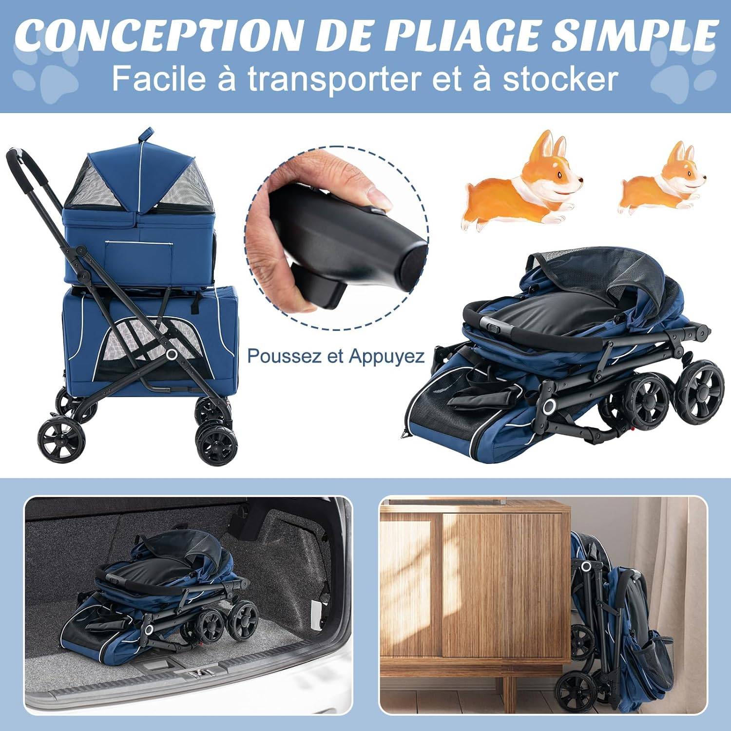 Double Couche Poussette Chien Chat, Poussette 3-en-1 Pliable pour 2 Animaux, Ceinture de Sécurité, Oxford Respirant (Bleu,Style 10) - Image 5