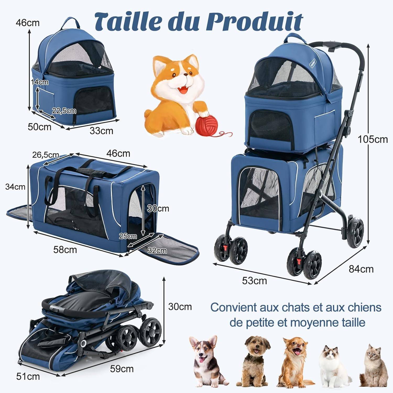 Double Couche Poussette Chien Chat, Poussette 3-en-1 Pliable pour 2 Animaux, Ceinture de Sécurité, Oxford Respirant (Bleu,Style 10) - Image 3