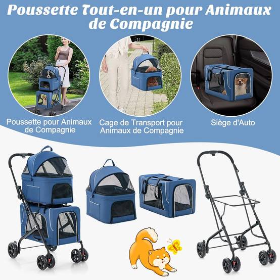 Double Couche Poussette Chien Chat, Poussette 3-en-1 Pliable pour 2 Animaux, Ceinture de Sécurité, Oxford Respirant (Bleu,Style 10) - Image 4