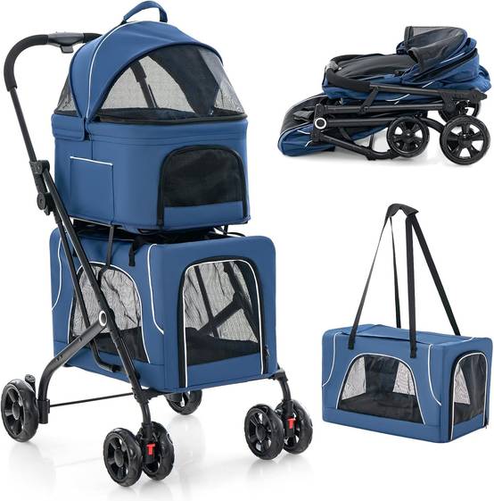 Double Couche Poussette Chien Chat, Poussette 3-en-1 Pliable pour 2 Animaux, Ceinture de Sécurité, Oxford Respirant (Bleu,Style 10) - Image 1