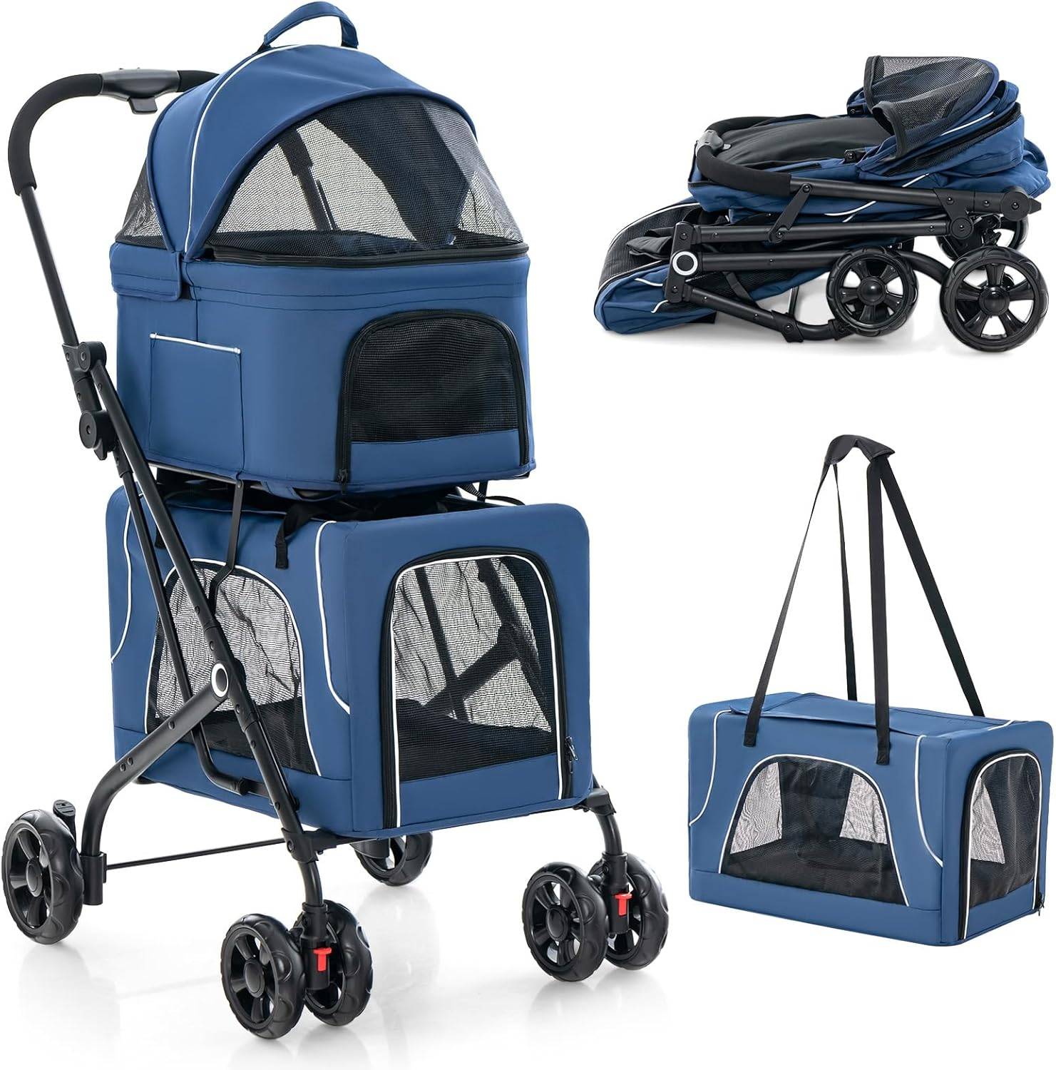 Double Couche Poussette Chien Chat, Poussette 3-en-1 Pliable pour 2 Animaux, Ceinture de Sécurité, Oxford Respirant (Bleu,Style 10) - Image 1
