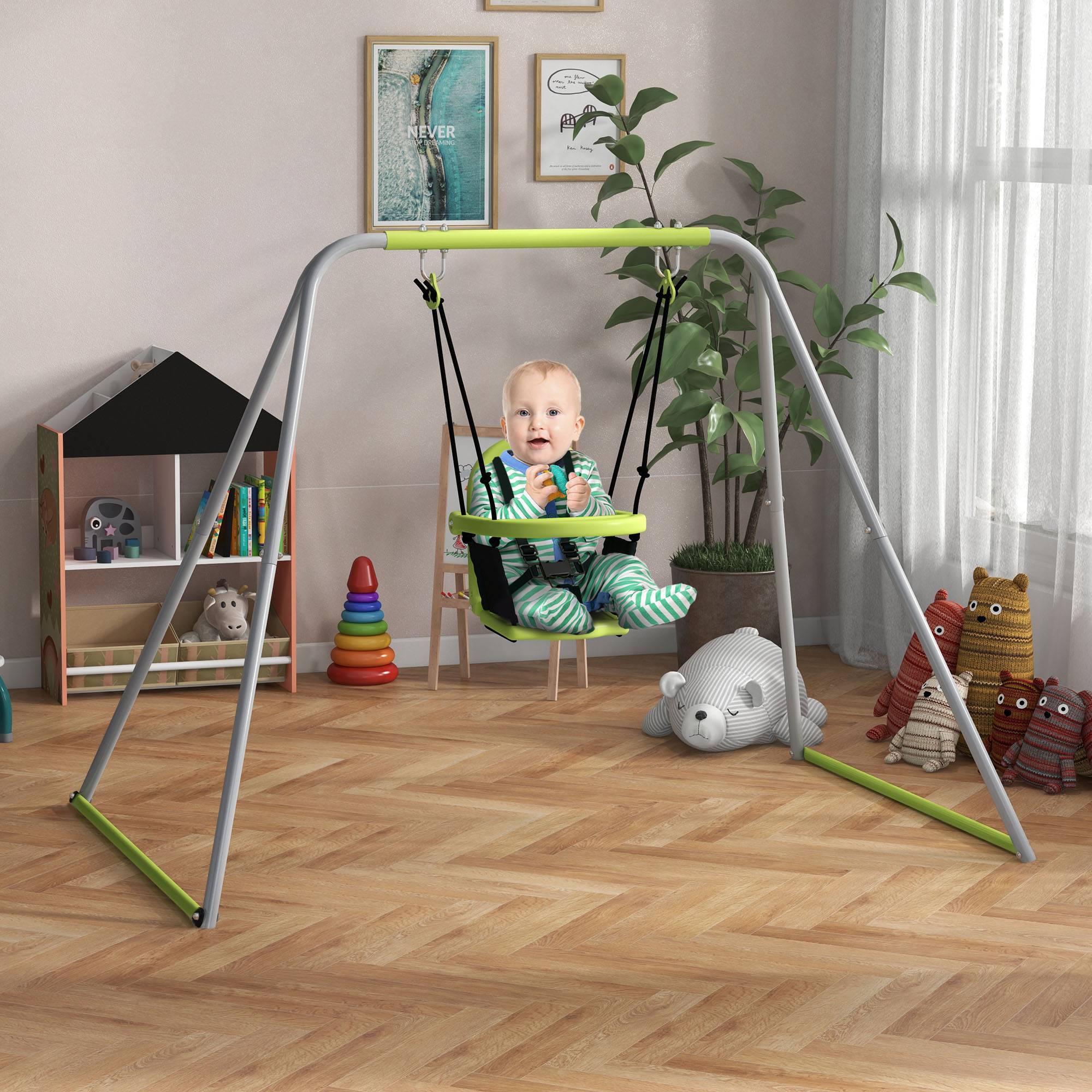 Balançoire portique balançoire 2 en 1 pour bébé ceinture de sécurité à 5 points intérieure extérieure vert - Image 10