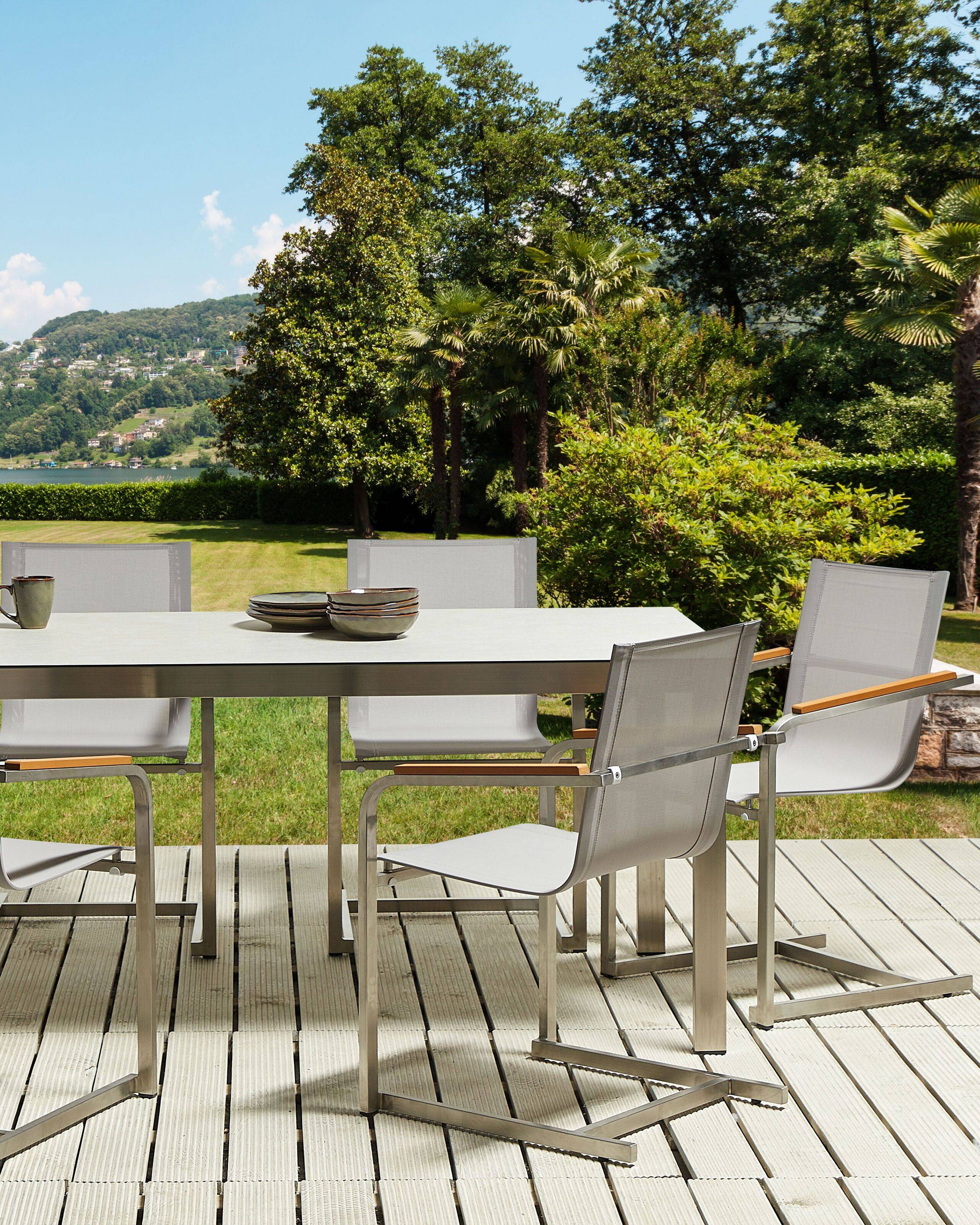 Beliani - Lot de 6 Chaises de Jardin en Porte-à-faux en Acier Inox et Textile Beige Design Moderne Très Tendance pour Terrasse Balcon ou Patio Beliani - Imagen 2