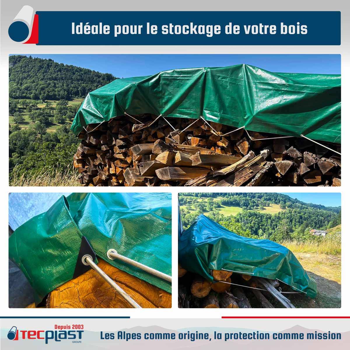 Bâche Bois 4x5 m HQ250BO Verte et Marron - Haute Performance - Bâche de protection étanche pour Bois de chauffage TECPLAST - Imagen 2