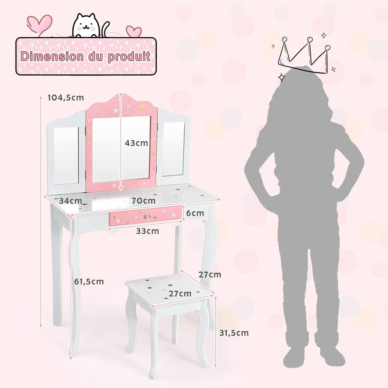 Ensemble Coiffeuse et Tabouret Blanc Or avec Miroir pour Enfant Teamson