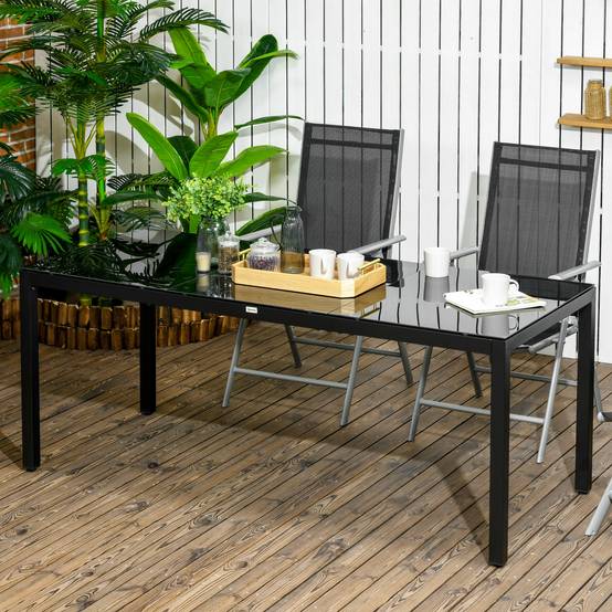 Table de jardin rectangulaire pour 8 personnes avec plateau en verre trempé et cadre en aluminium noir - Image 3