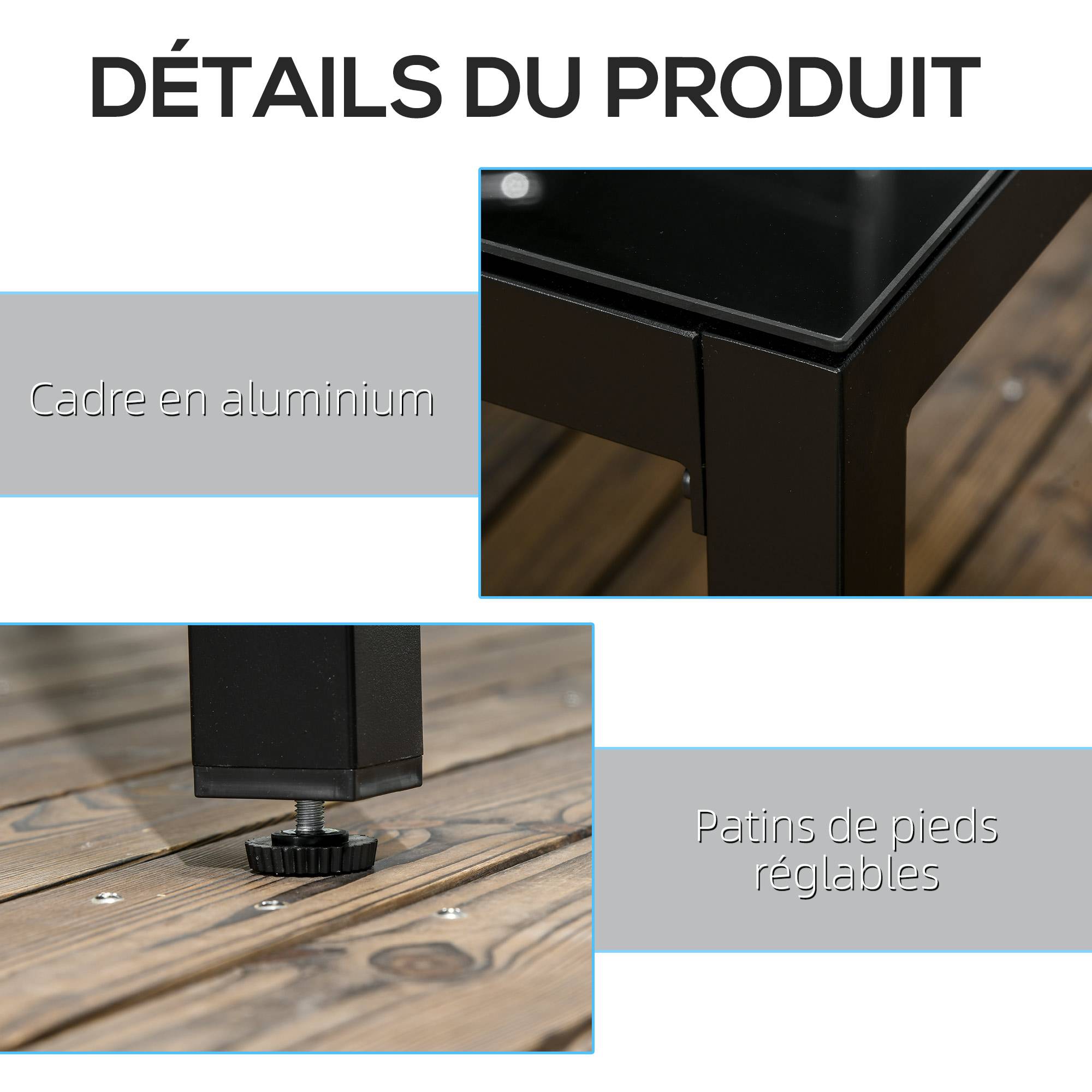 Table de jardin rectangulaire pour 8 personnes avec plateau en verre trempé et cadre en aluminium noir - Image 7