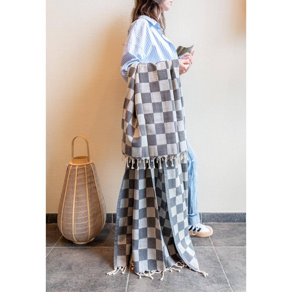 Aubry Gaspard - Plaid en coton damier gris avec franges - Imagen 2