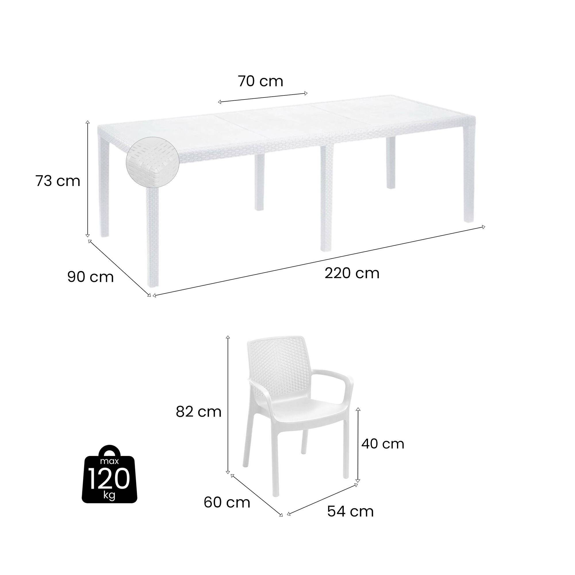 Dmora - Ensemble table et chaises Dantonaz, étagère rectangulaire d'extérieur extensible avec 4 chaises incluses, table et sièges de jardin effet rotin, Blanc - Imagen 3