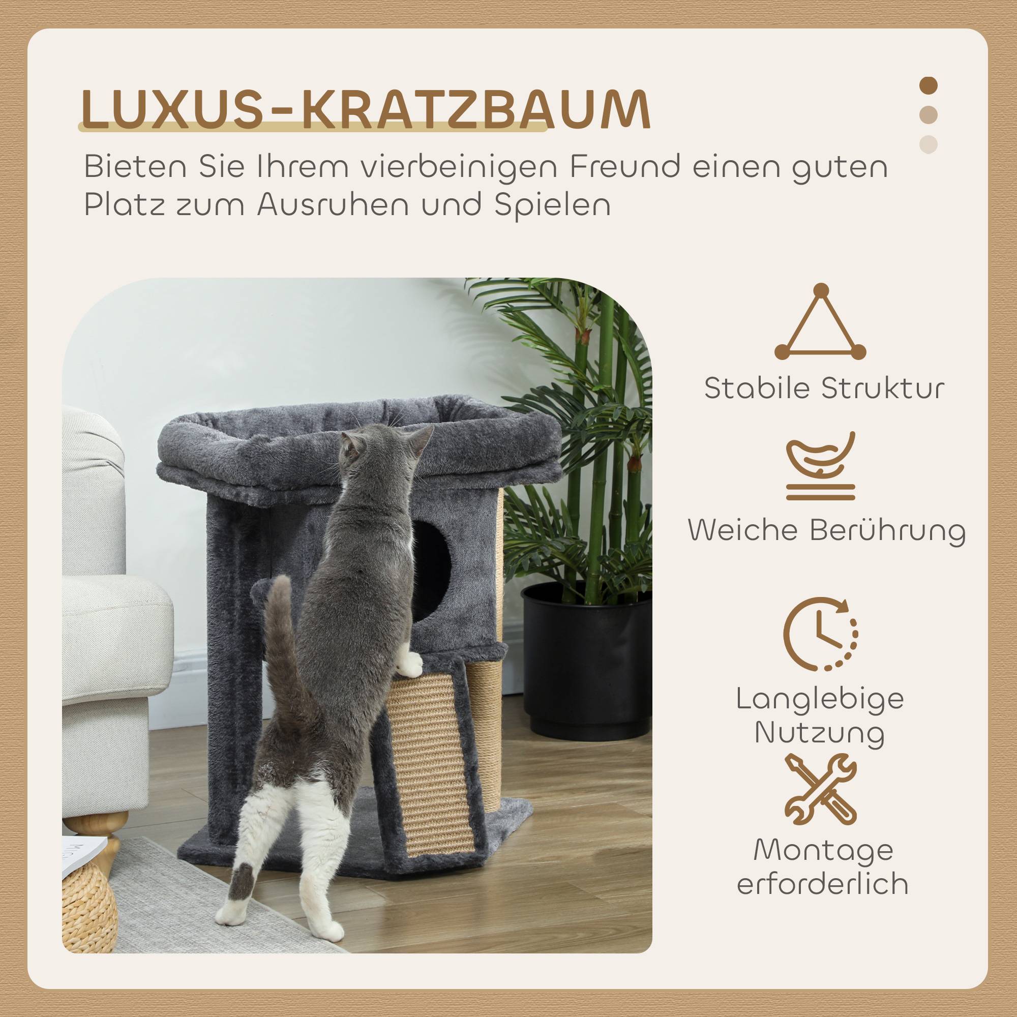 Arbre à chat griffoir jute, plateforme, balle, niche, beige, 40x40x57 ...