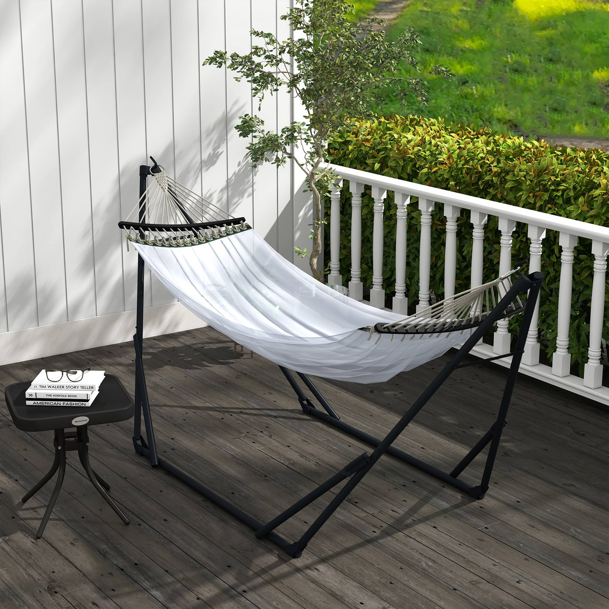 Hamac avec Support Acier pour Jardin et Balcon Pliable avec Sac 263x89cm Blanc - ComfortXL Outdoor Living