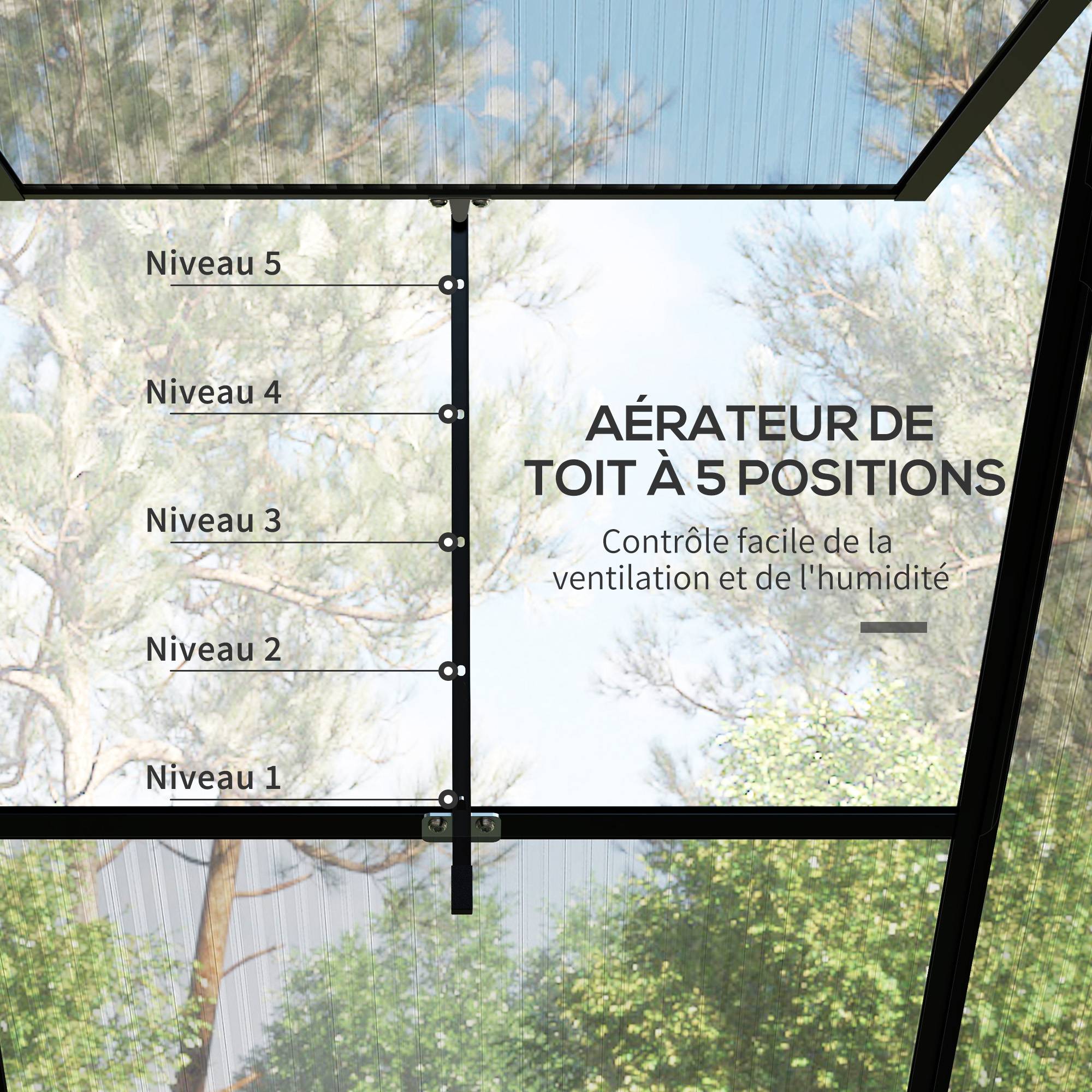 Serre adossée, serre de jardin polycarbonate, avec porte coulissante, évent de toit, fondation, 127 x 253 x 240 cm noir - Image 10