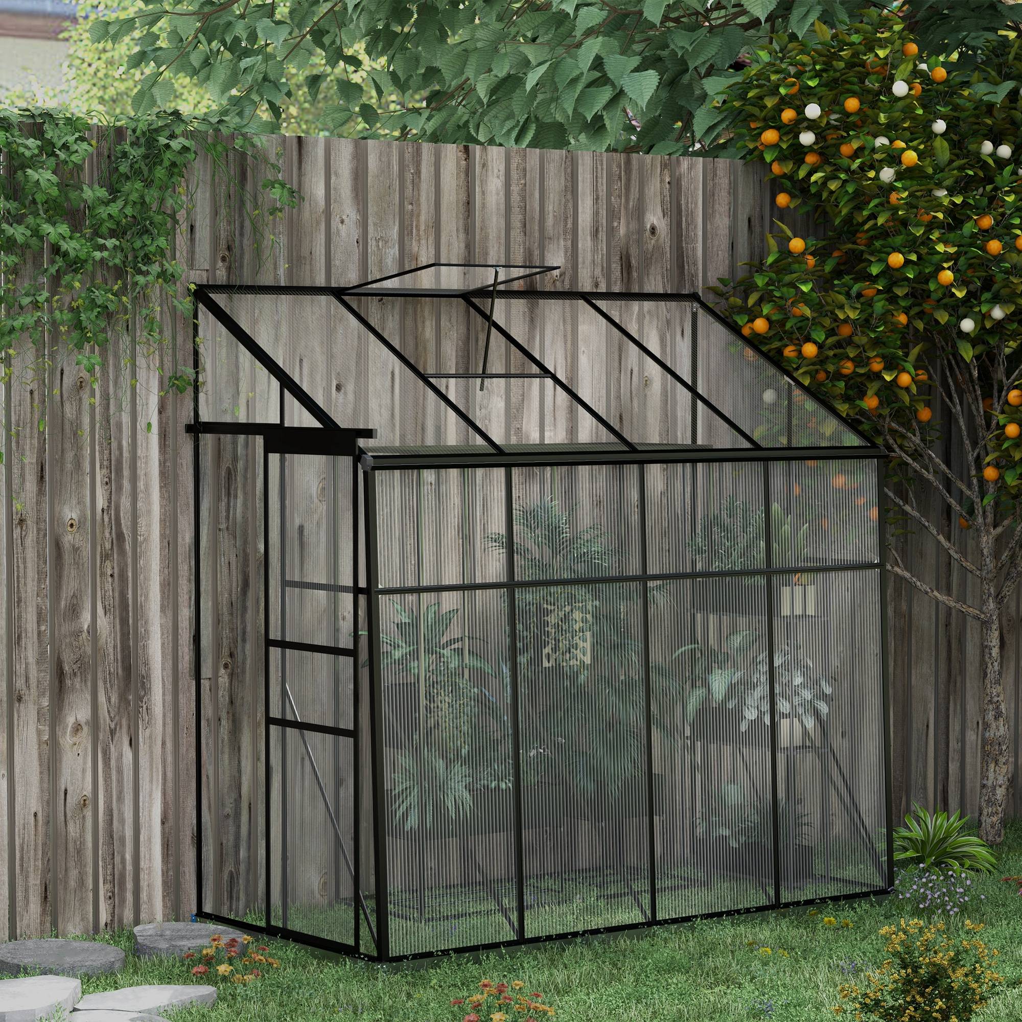 Serre adossée, serre de jardin polycarbonate, avec porte coulissante, évent de toit, fondation, 127 x 253 x 240 cm noir - Image 3