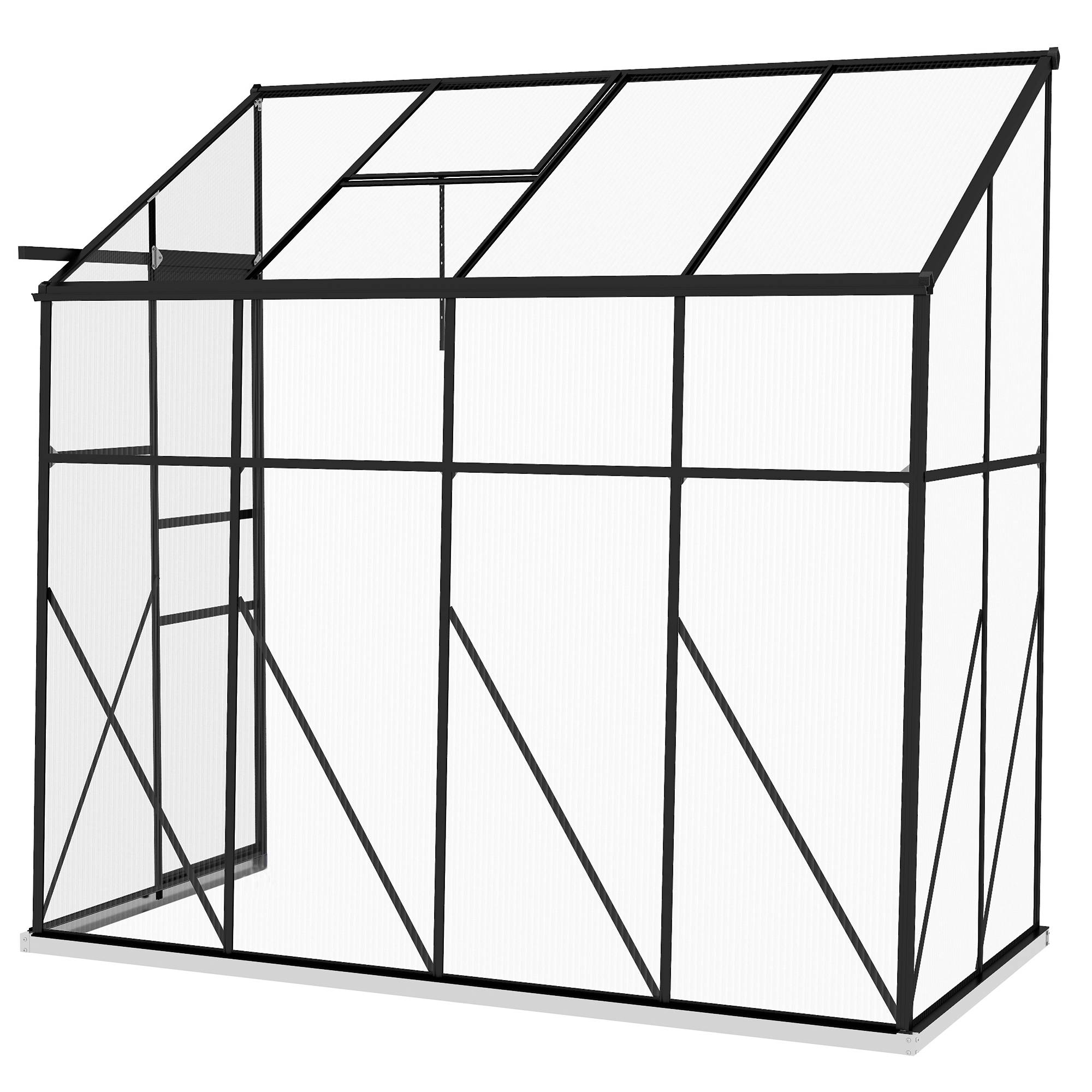 Serre adossée, serre de jardin polycarbonate, avec porte coulissante, évent de toit, fondation, 127 x 253 x 240 cm noir - Image 2