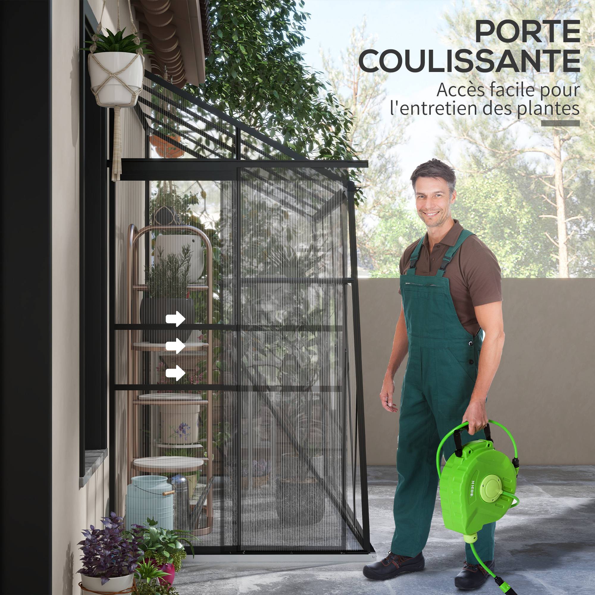 Serre adossée, serre de jardin polycarbonate, avec porte coulissante, évent de toit, fondation, 127 x 253 x 240 cm noir - Image 9