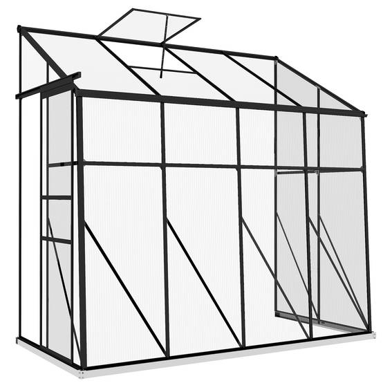 Serre adossée, serre de jardin polycarbonate, avec porte coulissante, évent de toit, fondation, 127 x 253 x 240 cm noir - Image 1