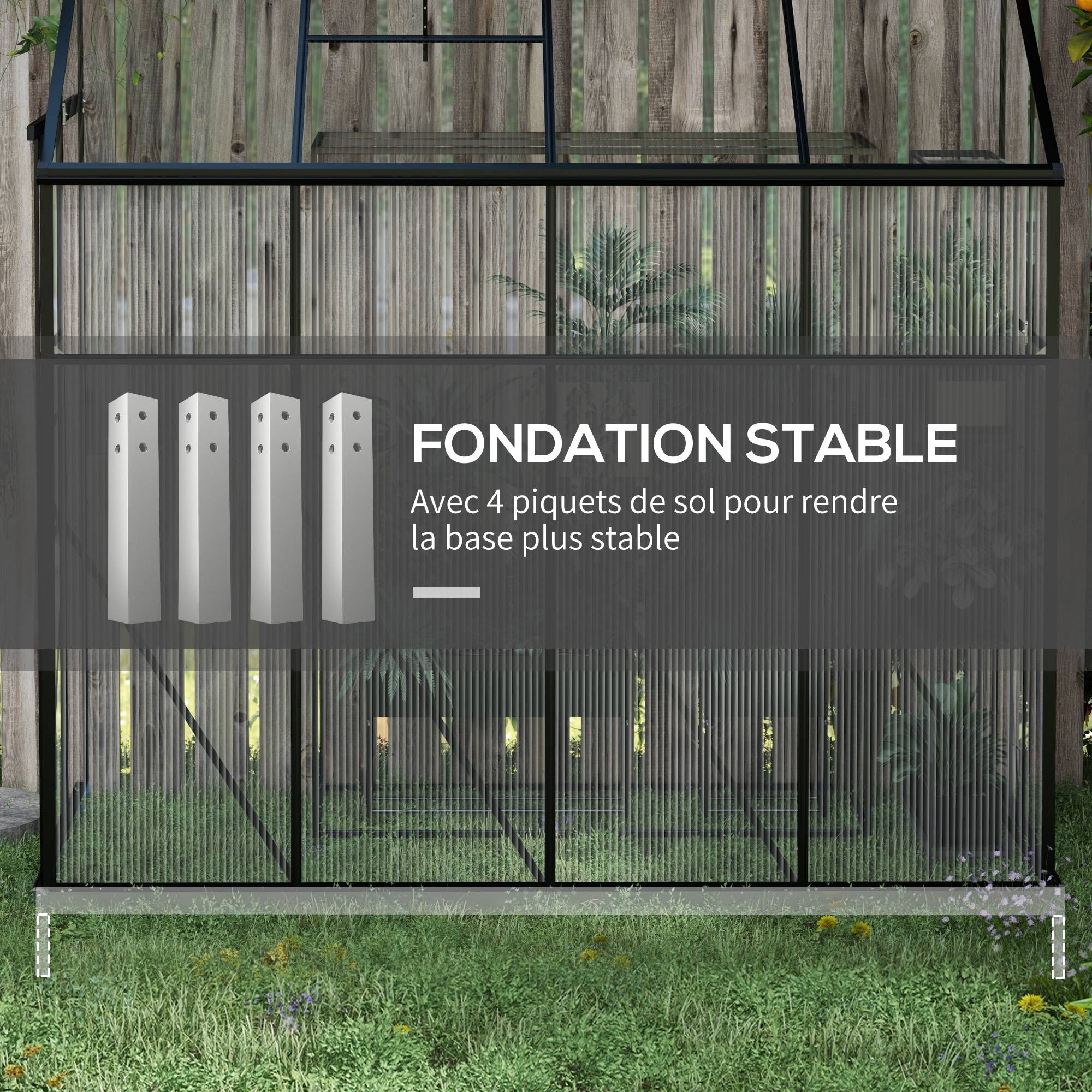 Serre adossée, serre de jardin polycarbonate, avec porte coulissante, évent de toit, fondation, 127 x 253 x 240 cm noir - Image 8