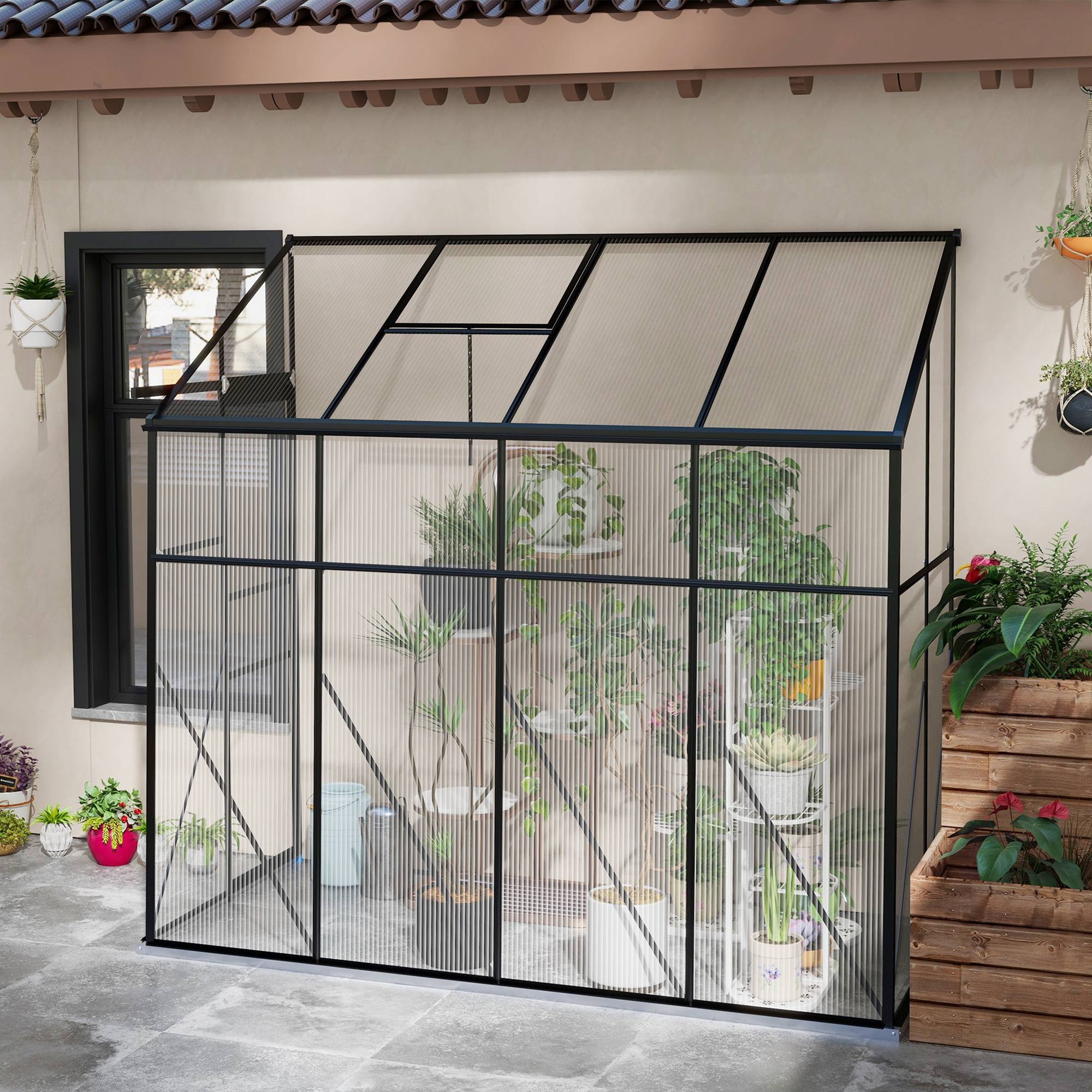 Serre adossée, serre de jardin polycarbonate, avec porte coulissante, évent de toit, fondation, 127 x 253 x 240 cm noir - Image 4