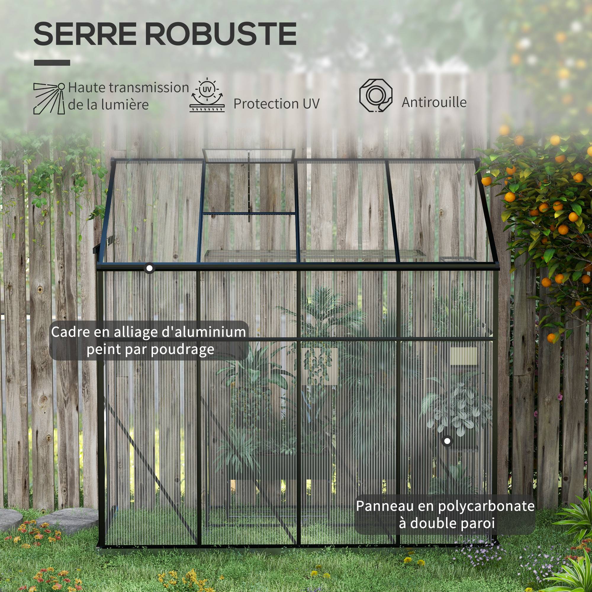 Serre adossée, serre de jardin polycarbonate, avec porte coulissante, évent de toit, fondation, 127 x 253 x 240 cm noir - Image 6
