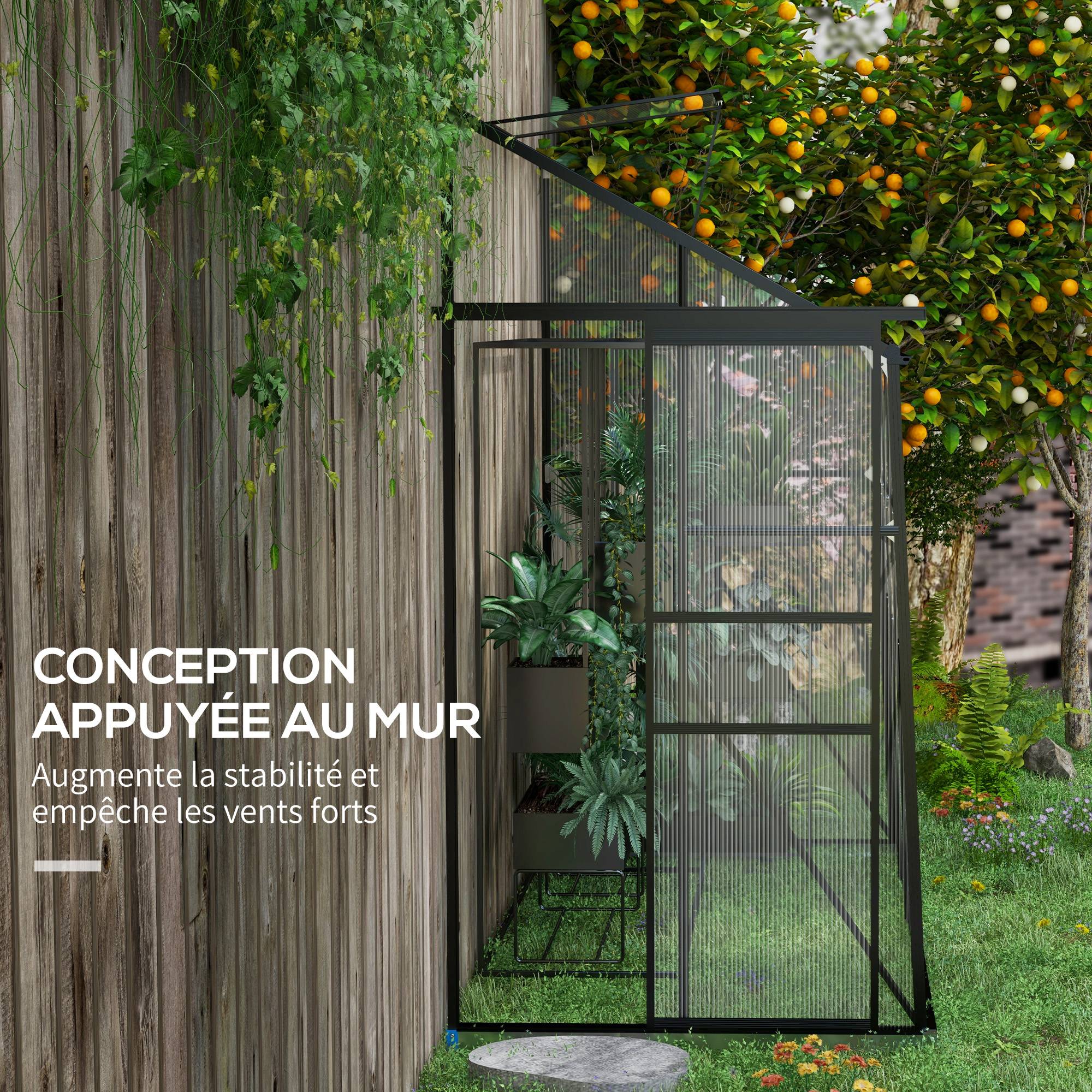 Serre adossée, serre de jardin polycarbonate, avec porte coulissante, évent de toit, fondation, 127 x 253 x 240 cm noir - Image 7