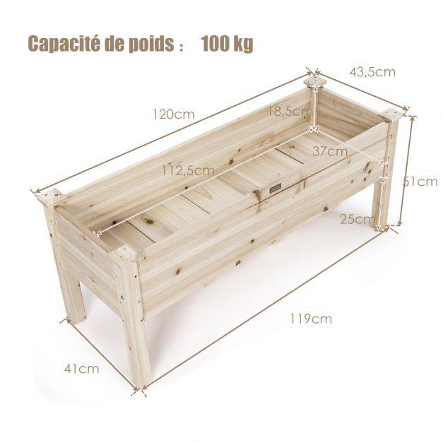 Helloshop26 - Jardinière surélevée en bois carré potager sur pied avec 5 trous de drainage 120 x 43,5 x 51cm naturel - Imagen 3