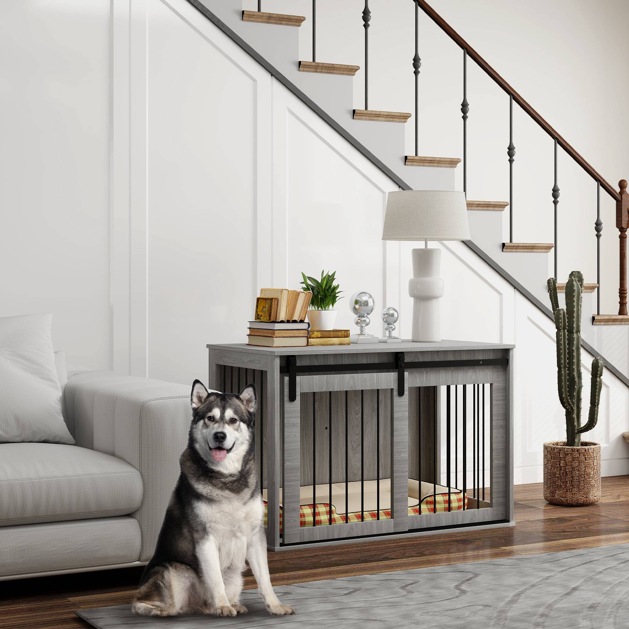 Caisse pour chien porte coulissante, ventilation, panneau de particules et acier,98x58x61cm gris - Image 3