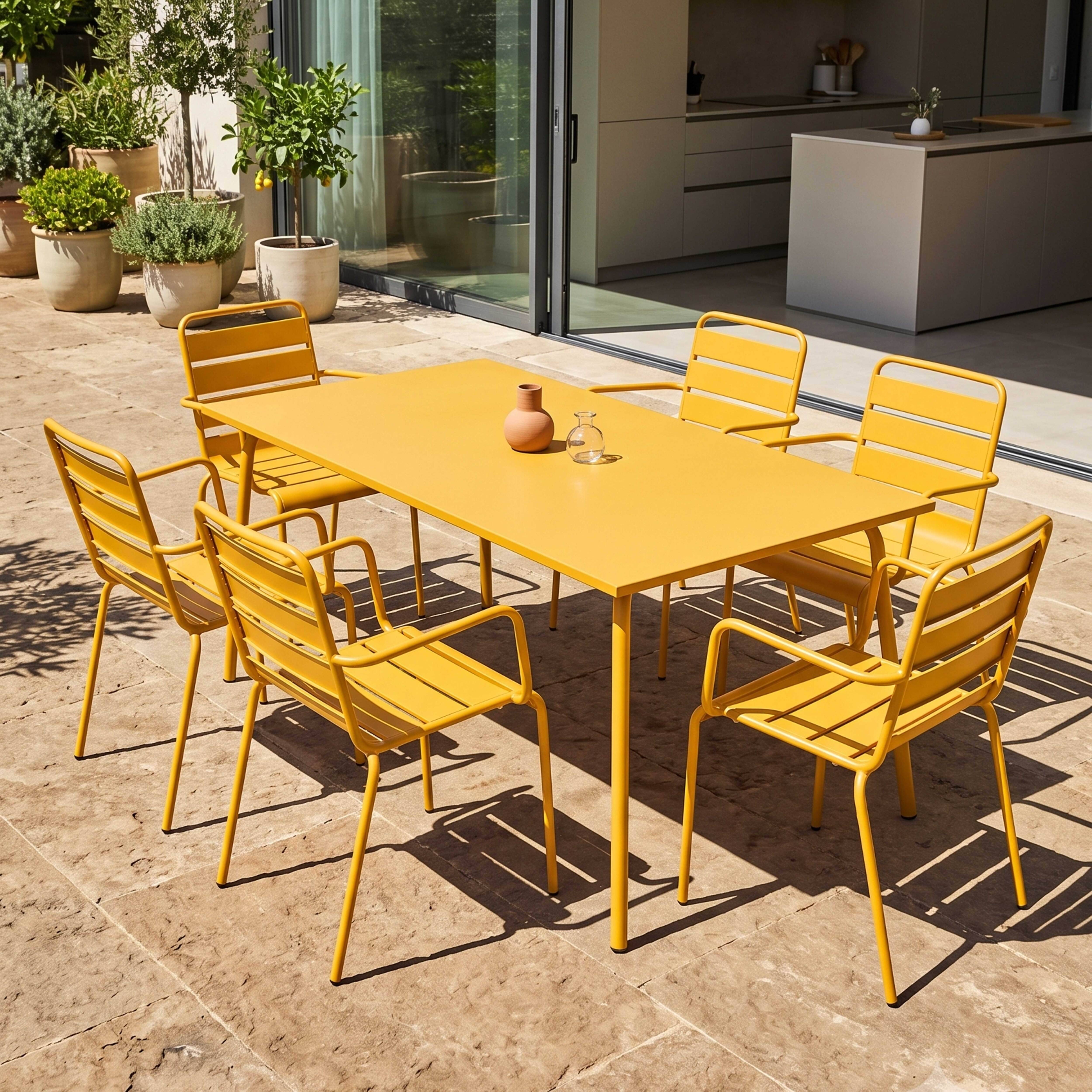 Oviala - Ensemble table de jardin et 6 fauteuils en métal jaune Palavas - Oviala - Imagen 2