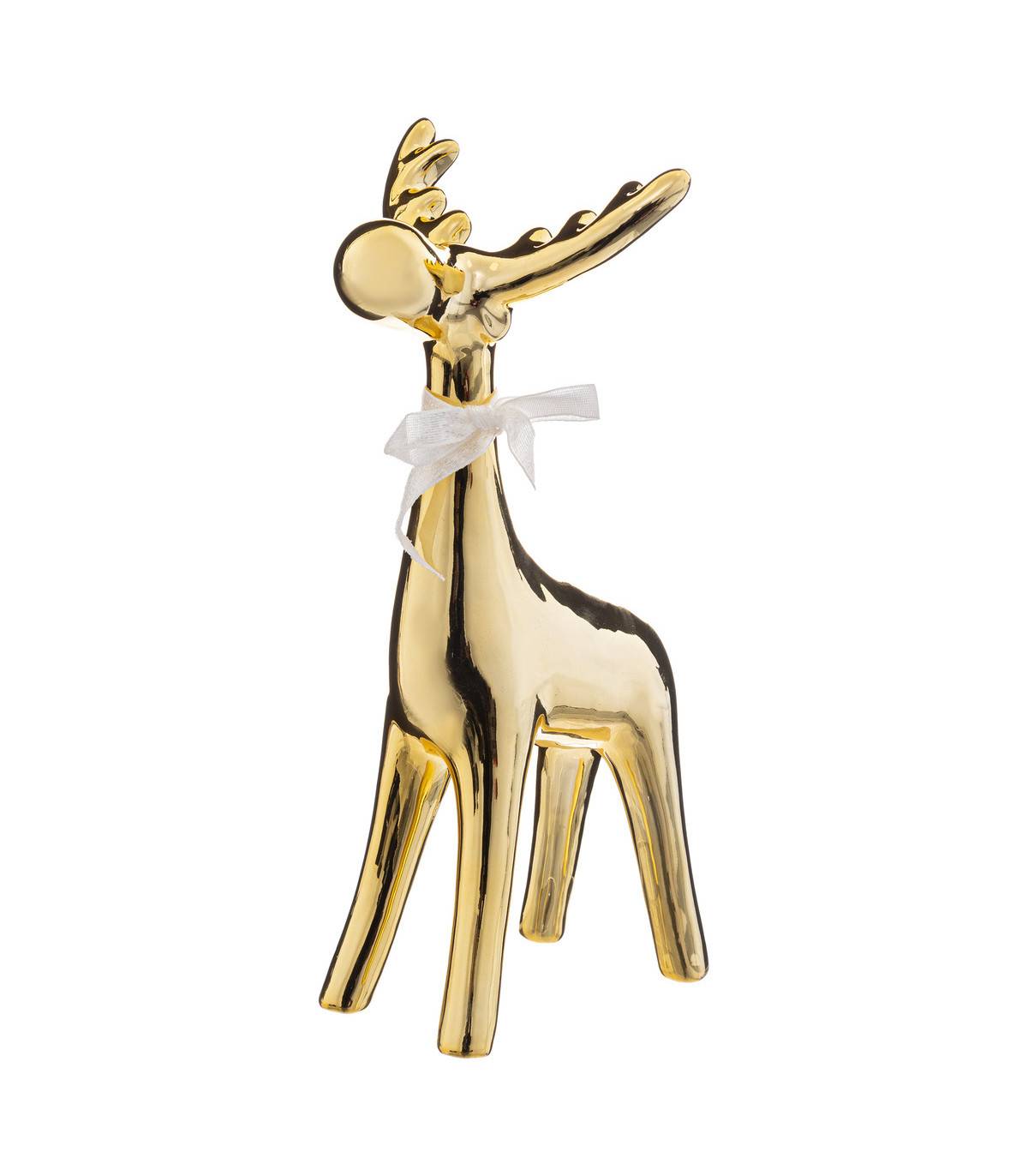 Fééric Lights & Christmas - Déco de Noël Renne doré en céramique avec petit noeud blanc H 26 cm