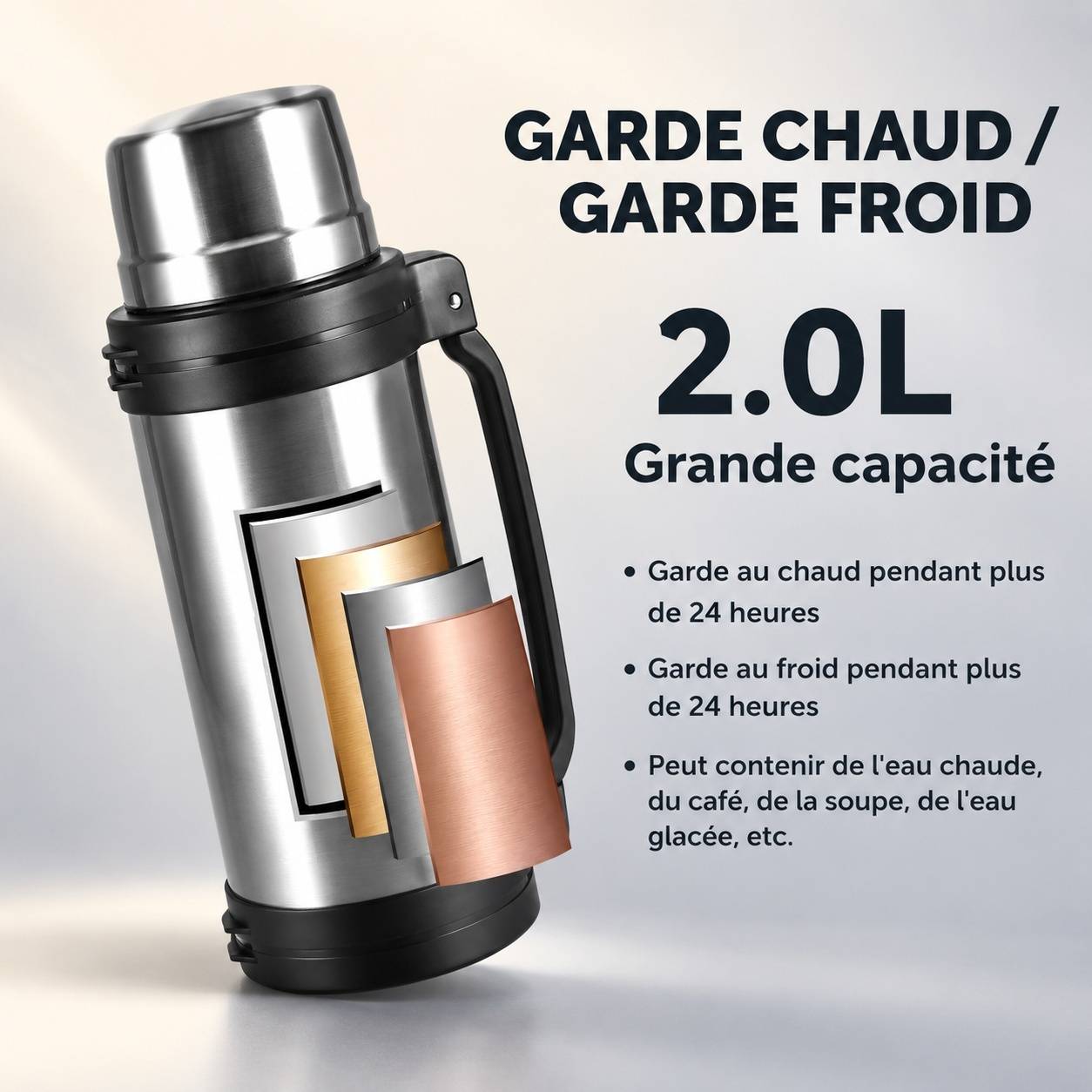 Bouteille Isotherme 2L Acier Inoxydable Étanche Poignée Télescopique Pour Voyage Randonnée - Image 2